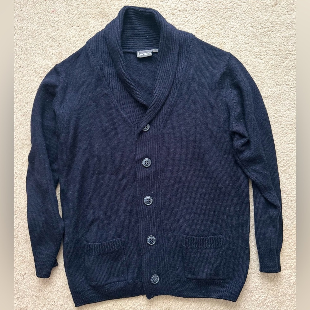 Cozy Vintage Navy Blue Shawl Neck Sweater